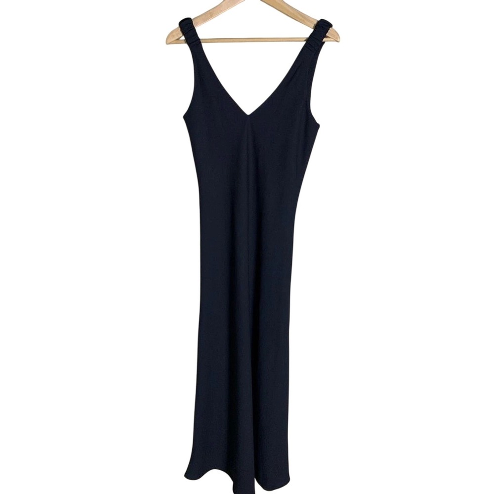 Zara‎ Midi Dress Women Size M Black Ruched Shoulder V-Neck Sleeveless Crepe - Picture 2 of 11